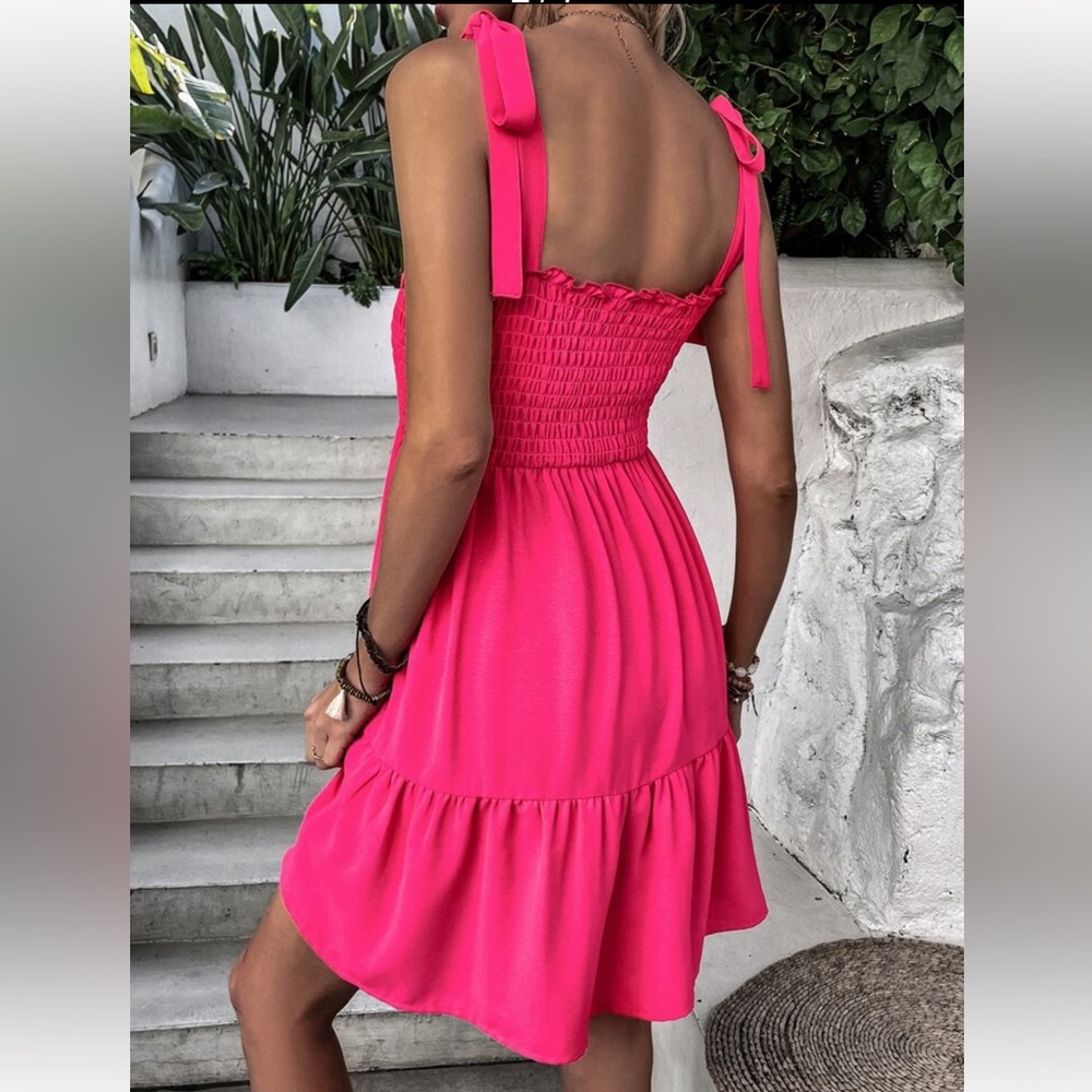 Elegant Smocked Waist Tie Shoulder Ruffle Cami Dress - Picture 2 of 6